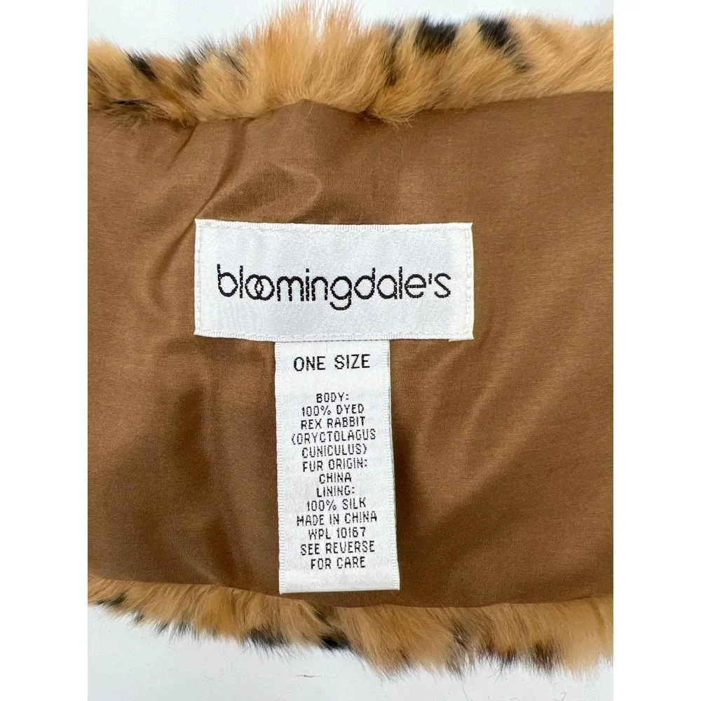 Bloomingdales Real Rabbit Fur Scarf Brown Leopard Mob Wife Luxury Rex Silk Lined